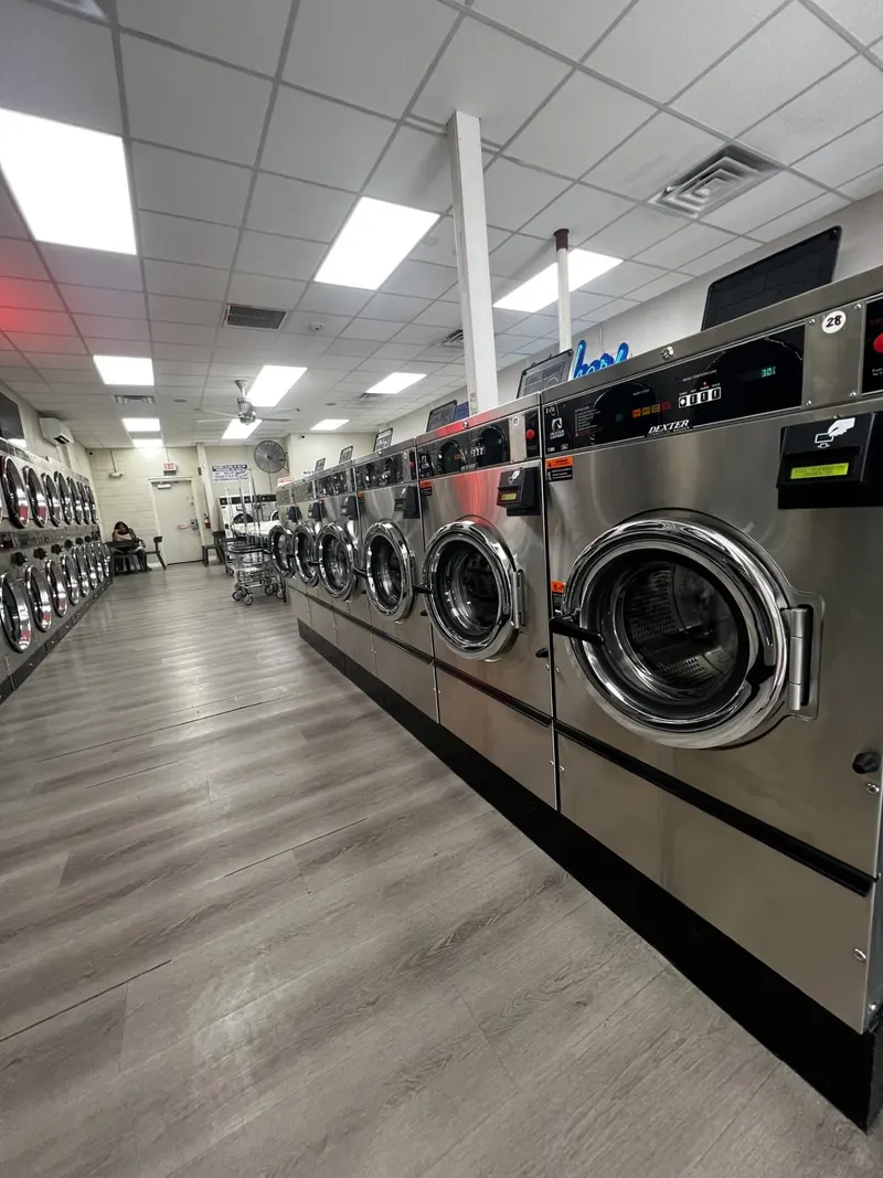 Wide view of clean Suds Laundromat interior